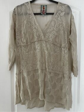 Johnny Was Cream Tunic Top Intricate Embroidery Size Small Boho Peasant Blouse